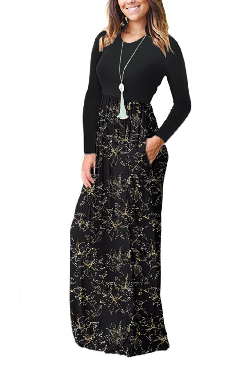 AUSELILY Long Floral Maxi Dress for Women Casual Long Sleeve Crewneck Empire Waist Flower Dresses with Pockets 2026 (L, Golden Leaf/BK) - Image 2