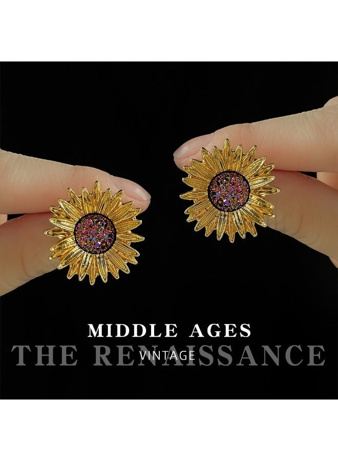 Golden Sunflower Blaze Earrings - Retro Palace Style Gilded Color Diamond Earrings - Image 3