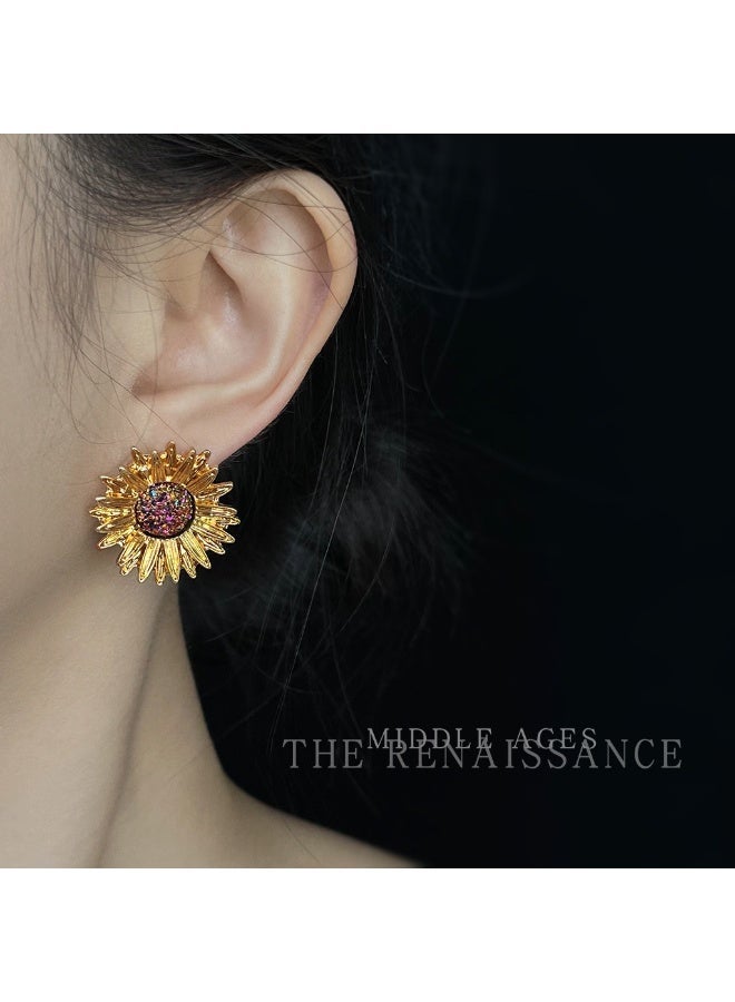 Golden Sunflower Blaze Earrings - Retro Palace Style Gilded Color Diamond Earrings - Image 1