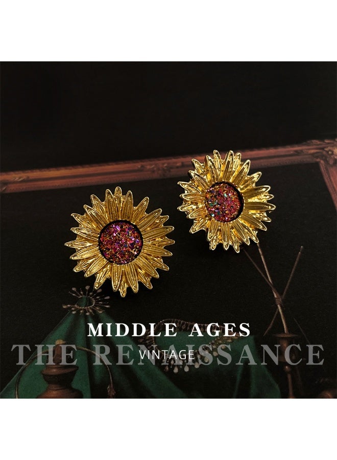 Golden Sunflower Blaze Earrings - Retro Palace Style Gilded Color Diamond Earrings - Image 4