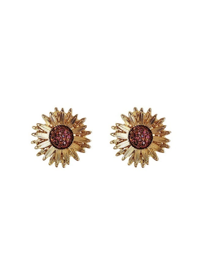 Golden Sunflower Blaze Earrings - Retro Palace Style Gilded Color Diamond Earrings - Image 5