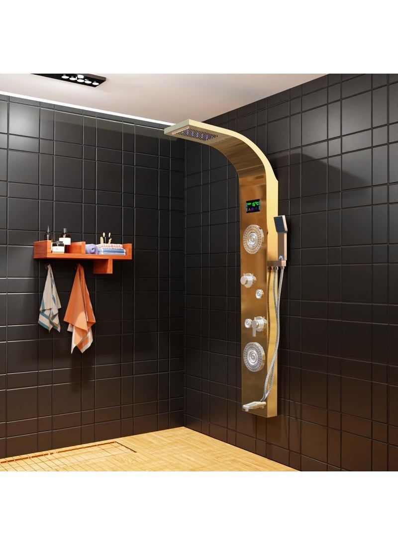 OLMARTT KITCHENWARE OLMARTT Shower Panel Wave with Waterfall Shower Temperature Display Easy Connect Shower Stainless Steel 304 Grade Shower Panel 6 in 1 Tower System With LED MULTICOLOR GOLD  - Image 1