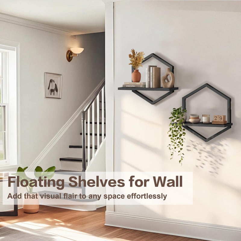 KALYLOC Floating Shelves, Hexagon Wall Shelves, Set of 2 Wall Shelf for Plants Decorative Wall Mounted Shelves for Living Room Bedroom Bathroom Home Office Kitchen, Black Wood - Image 4