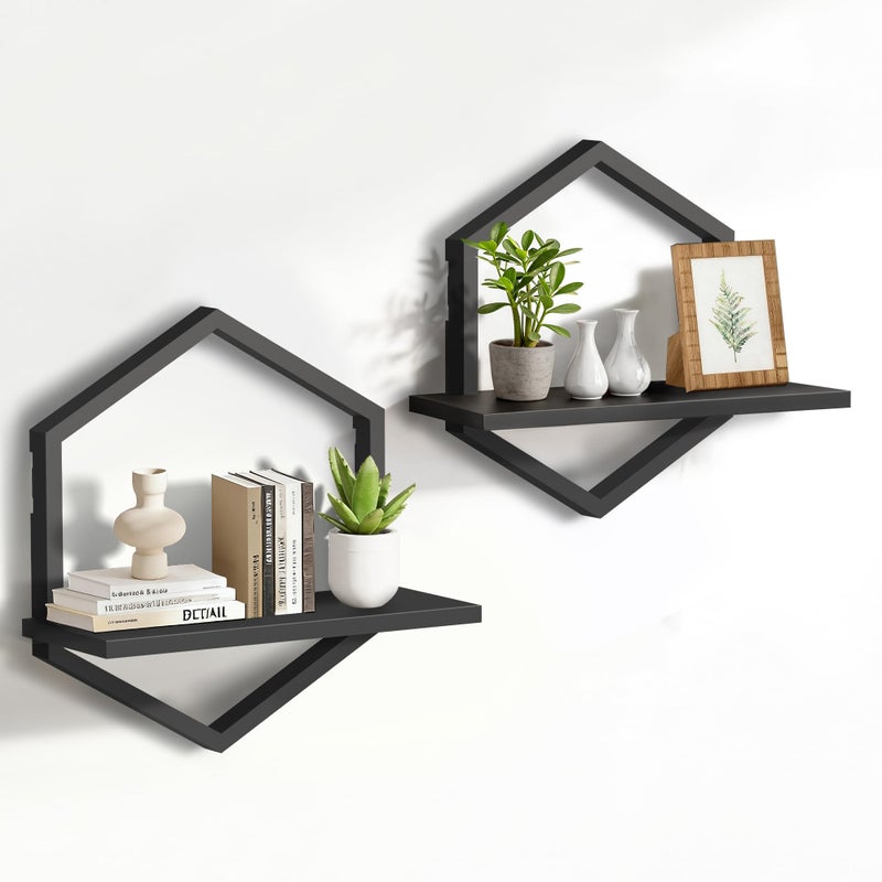 KALYLOC Floating Shelves, Hexagon Wall Shelves, Set of 2 Wall Shelf for Plants Decorative Wall Mounted Shelves for Living Room Bedroom Bathroom Home Office Kitchen, Black Wood - Image 1