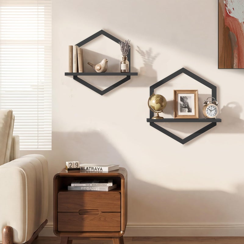 KALYLOC Floating Shelves, Hexagon Wall Shelves, Set of 2 Wall Shelf for Plants Decorative Wall Mounted Shelves for Living Room Bedroom Bathroom Home Office Kitchen, Black Wood - Image 2