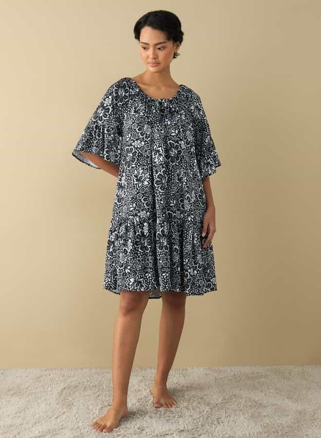 Splash FAV All-Over Floral Print Satin Night Dress with Extended Sleeves  - Image 2