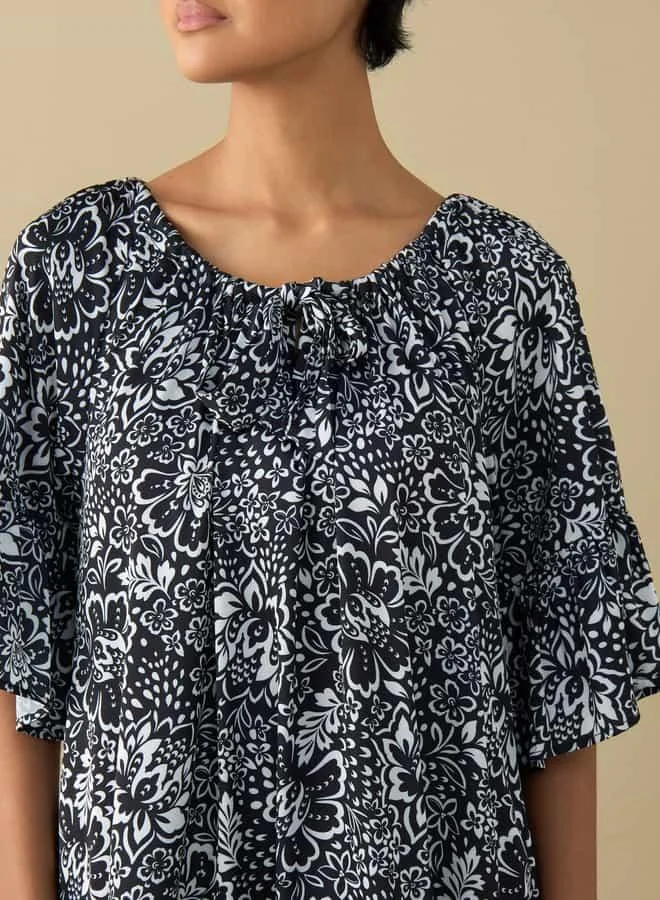 Splash FAV All-Over Floral Print Satin Night Dress with Extended Sleeves