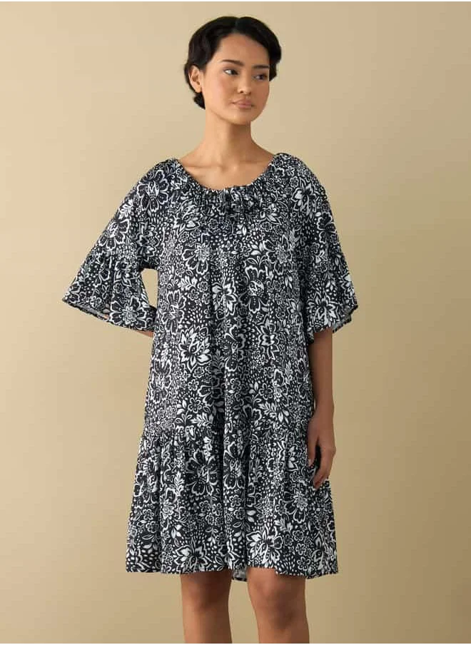 FAV All-Over Floral Print Satin Night Dress with Extended Sleeves