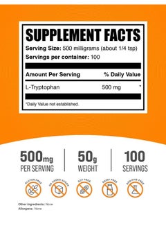 BulkSupplements BulkSupplements.com L-Tryptophan Powder - L-Tryptophan 500mg, Tryptophan Supplement - Amino Acid Supplement, Gluten Free, 500mg per Serving, 50g (1.8 oz) (Pack of 1)  - Image 2