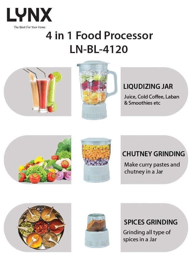 lynx - LYNX Multifunctional 4 in 1 Juicer and Food Processor, Blender, Chopper & Grinder with 1.25 L Glass Jar, 2 Speed Pulse Function LN-BL-4120 - Image 1