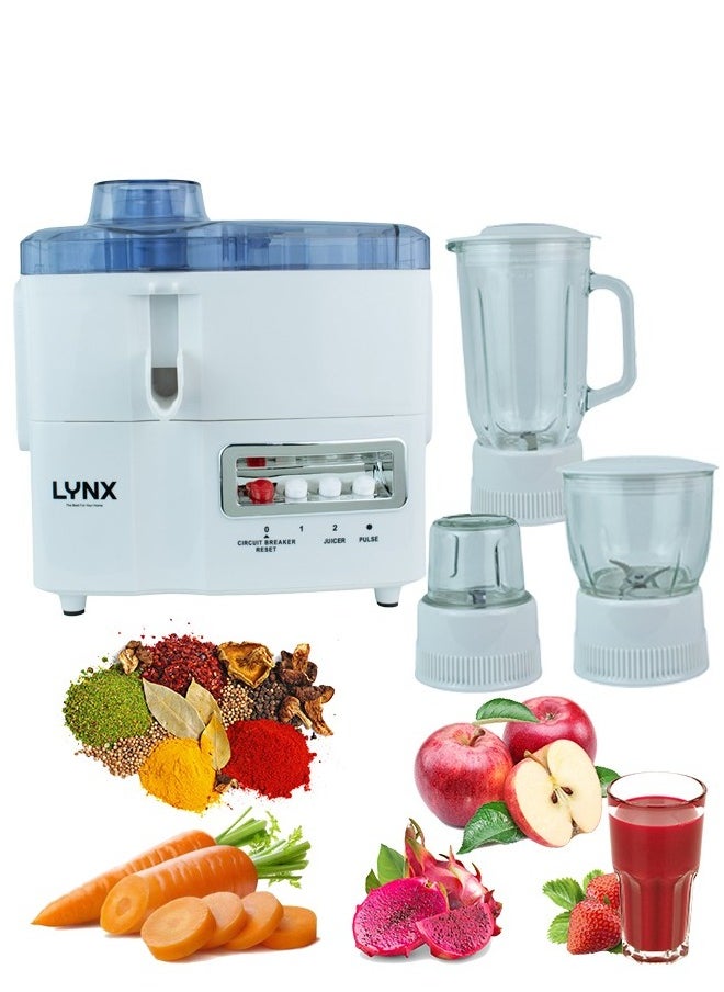 lynx - LYNX Multifunctional 4 in 1 Juicer and Food Processor, Blender, Chopper & Grinder with 1.25 L Glass Jar, 2 Speed Pulse Function LN-BL-4120 - Image 1