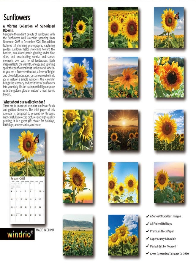windrio 2026 Wall Calendar,Calendar 2026, July 2025 - December 2026, Wall Calendar Sunflowers, 12" x 24" Opened,Full Page Months Thick & Sturdy Paper for Gift Perfect Calendar Organizing & Planning - Image 2