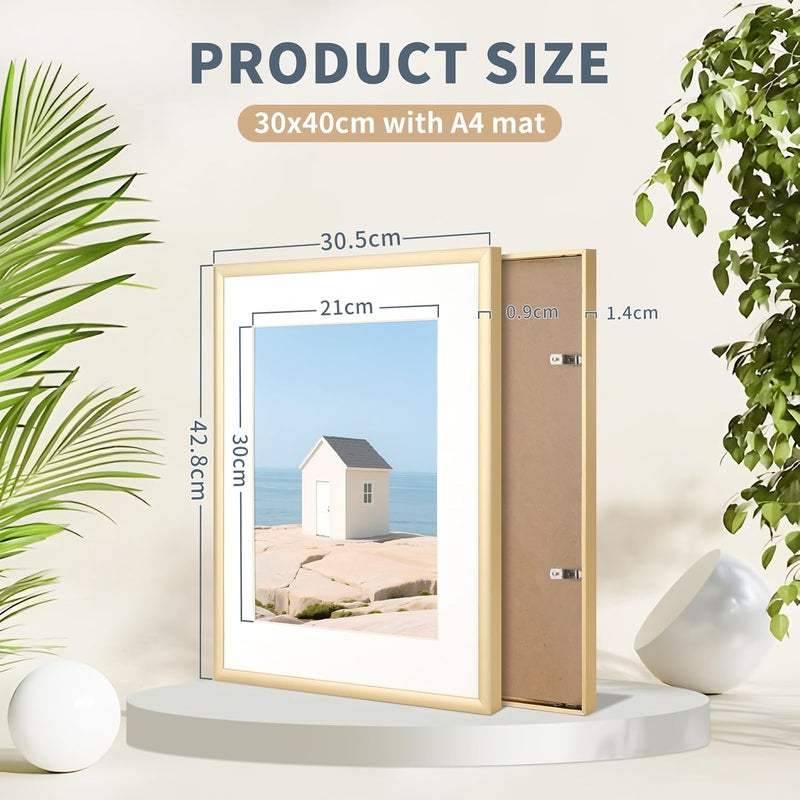ATOBART 30X40 CM Picture Frame Set of 2, Display Pictures A4 (21x30cm) with Mat or 30X40 CM Without Mat, Wall Gallery Photo Frames, Gold,Aluminium - Image 2
