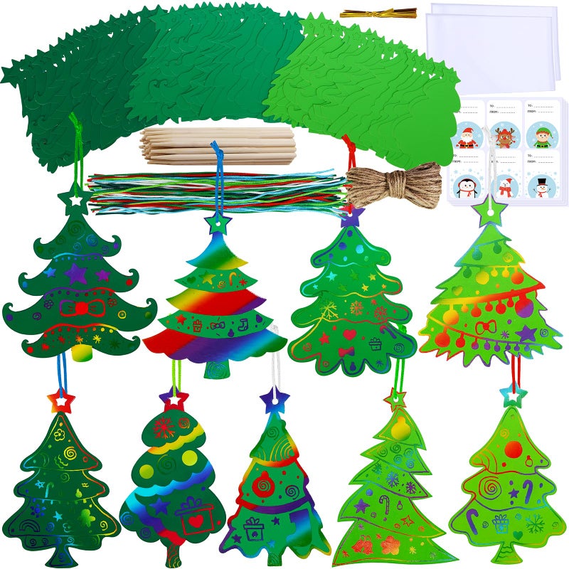 Winlyn 54 Sets 9 Styles Magic Color Scratch Green Christmas Tree Ornaments Christmas Rainbow Scratch Art Decorations Christmas Craft Kits for Kids Classroom Activities Winter Season Party Favors - Image 3