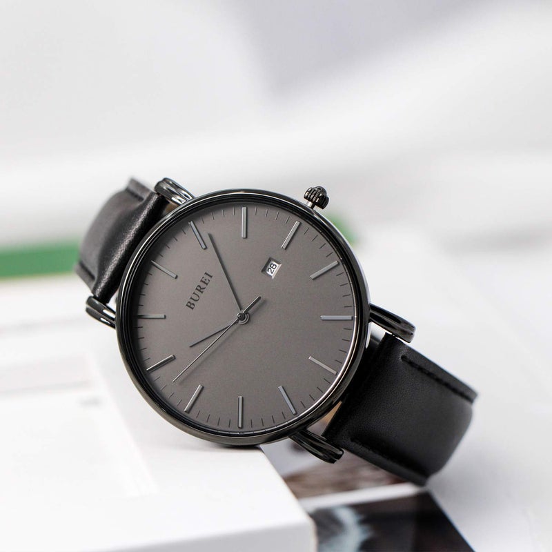 BUREI Men Wrist Watches Fashion Minimalist Analog Quartz Waterproof Watches for Men (All Black, Leather) - Image 2