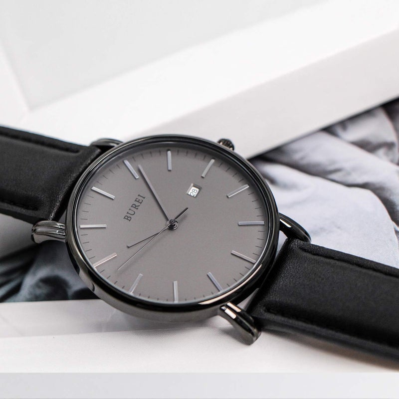 BUREI Men Wrist Watches Fashion Minimalist Analog Quartz Waterproof Watches for Men (All Black, Leather) - Image 3
