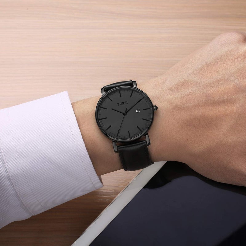 BUREI Men Wrist Watches Fashion Minimalist Analog Quartz Waterproof Watches for Men (All Black, Leather) - Image 5