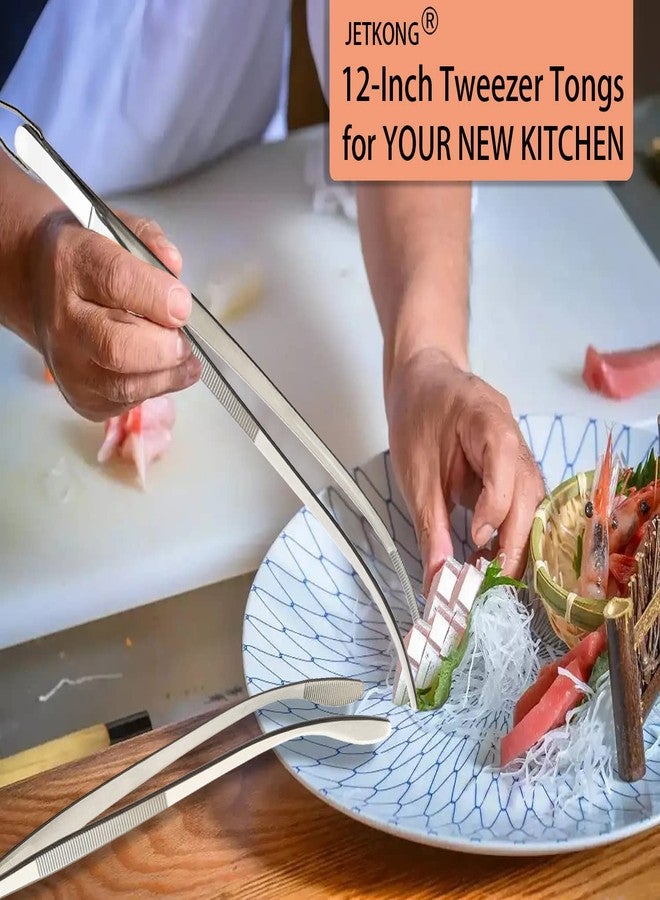 JETKONG ملقط مطبخ منحني من الفولاذ المقاوم للصدأ من جيتكونج، قطعتان، 12 بوصة، ملقط طويل، ملقط احترافي للطهاة للطبخ والشواء (فضي) - Image 2