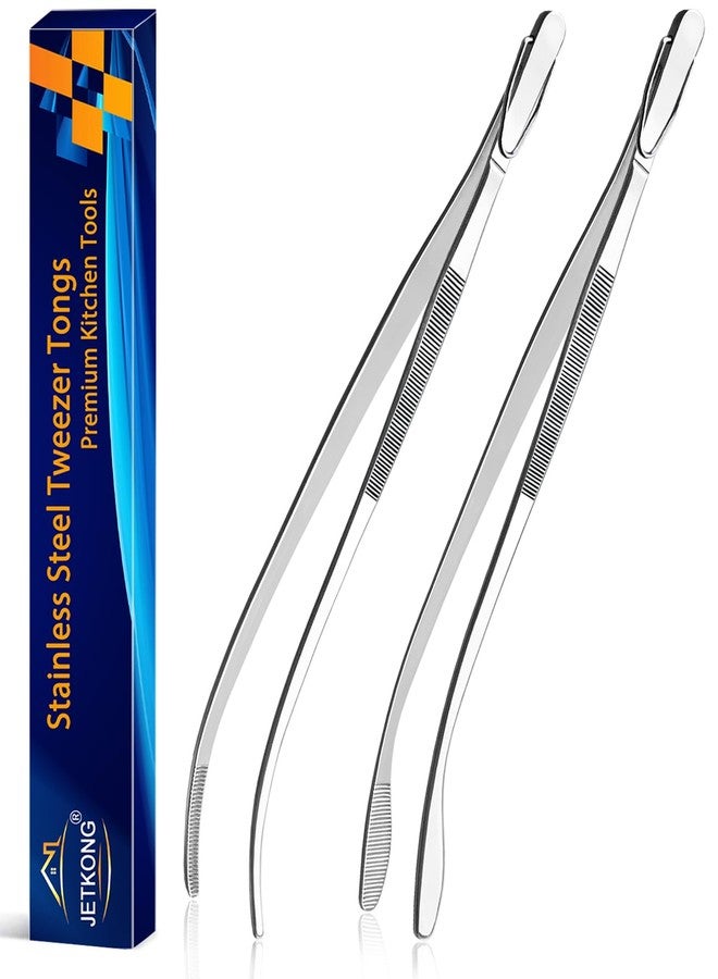 JETKONG ملقط مطبخ منحني من الفولاذ المقاوم للصدأ من جيتكونج، قطعتان، 12 بوصة، ملقط طويل، ملقط احترافي للطهاة للطبخ والشواء (فضي) - Image 1