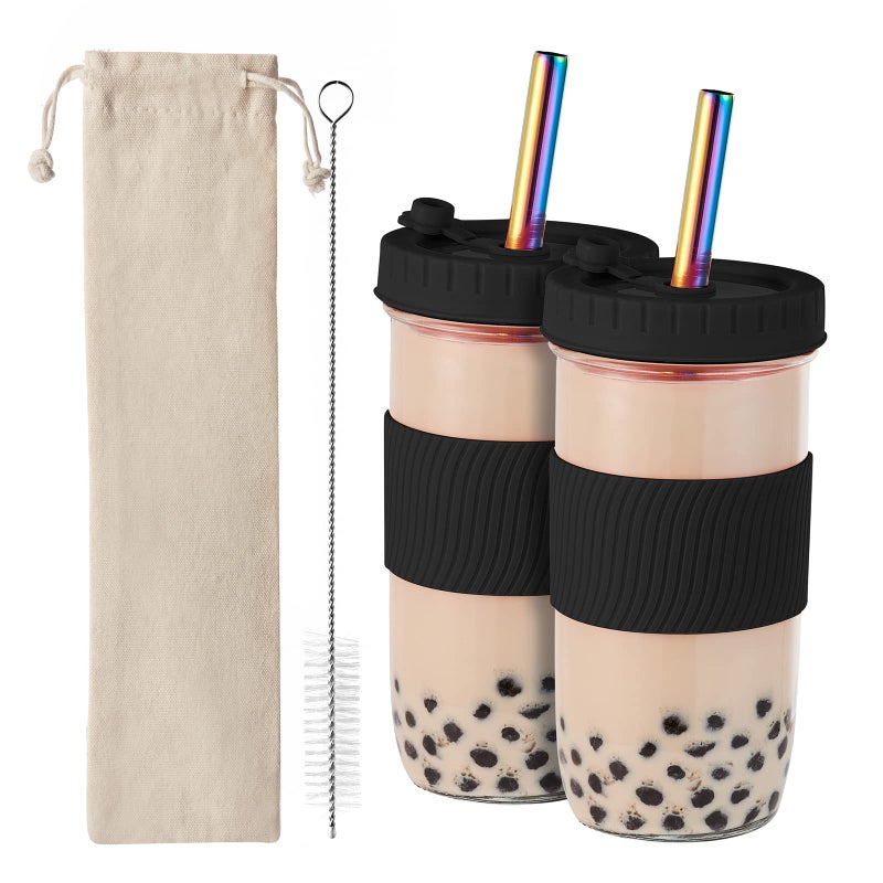 Amyoole 2 Pack Reusable Boba Cup24Oz Wide Mouth Smoothie Cupmason Jar Glass Cups with Lids and StrawsBubbleBoba Tea CupsIce Coffee Tumbler 2 colored straws 1 sponge brushBlack