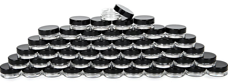 Vivaplex, 50, Clear, 3 Gram Plastic Pot Jars, Cosmetic Containers, With Black Lids. - Image 1