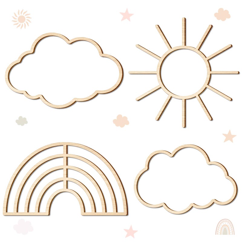 4 Pieces Boho Nursery Cloud Star Wall Decor Wooden Babyroom Moon Rattan Wall Decor Wooden Rainbow for Children Baby Kids Boys Girls Bedroom Nursery PendantCloud Rainbow Sun