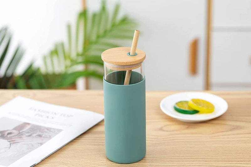 BeFunky 500ml Glass Tumbler with Straw Removable Silicone Sleeve Bamboo Lid BPA Free Water Bottle Travel Cup Green - Image 3