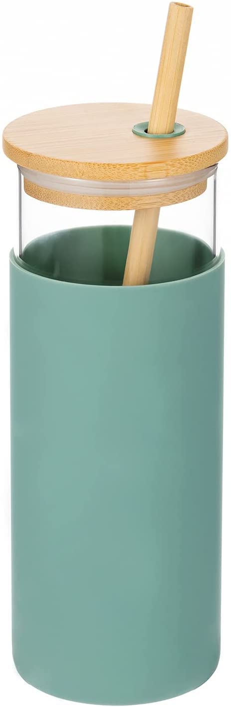 BeFunky 500ml Glass Tumbler with Straw Removable Silicone Sleeve Bamboo Lid BPA Free Water Bottle Travel Cup Green - Image 2