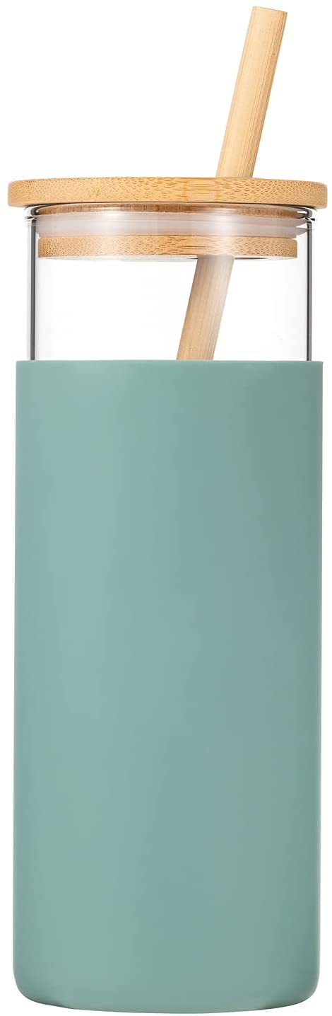 BeFunky 500ml Glass Tumbler with Straw Removable Silicone Sleeve Bamboo Lid BPA Free Water Bottle Travel Cup Green - Image 1