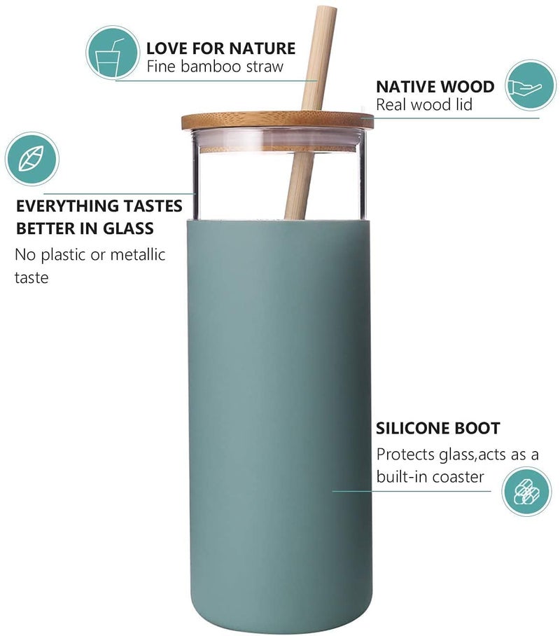 BeFunky 500ml Glass Tumbler with Straw Removable Silicone Sleeve Bamboo Lid BPA Free Water Bottle Travel Cup Green - Image 5