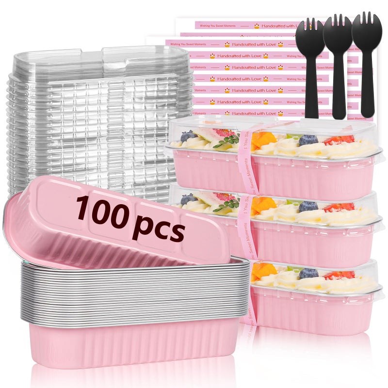 YQER 100 Pack Mini Loaf Pans with Lids and Spoons Sealing Sticker, 6.8oz Mini Cake Pans for Baking, Disposable Aluminum Foil Loaf Pans, Pink Loaf Baking Pans, Small Cake Containers With Lids - Image 1