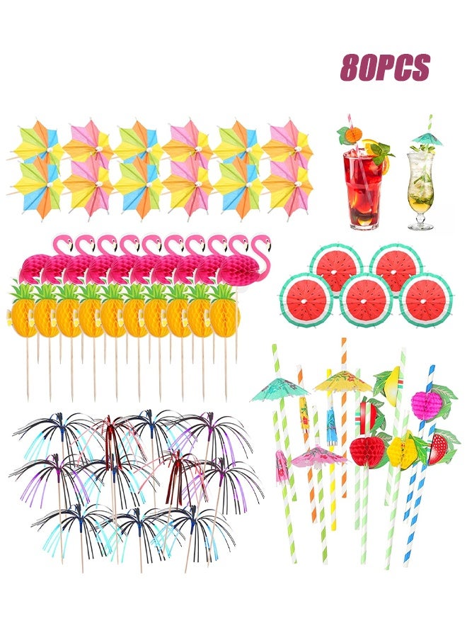 80PCS Cocktail Decorations Party Pack, Cocktail Accessories, Including Drink Umbrellas, Stirring Stirrers, Reuseable Paper Straws, Sparkler Sticks for Summer Beach Party Food Drink Decoration - Image 1
