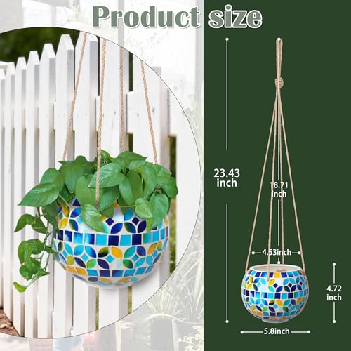 Chonsun Ceramic Hanging Planter Mosaic Hanging Flower Pot Small Plant Pot for Indoor Plant Garden Decor Disco Ball Planter with Drainage Square Blue - Image 3