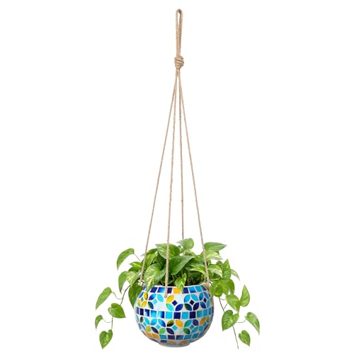 Chonsun Ceramic Hanging Planter Mosaic Hanging Flower Pot Small Plant Pot for Indoor Plant Garden Decor Disco Ball Planter with Drainage Square Blue - Image 1