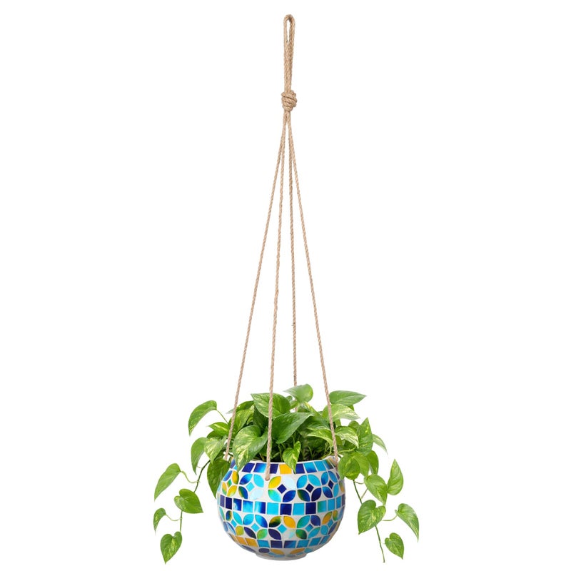 Chonsun Ceramic Hanging Planter Mosaic Hanging Flower Pot Small Plant Pot for Indoor Plant Garden Decor Disco Ball Planter with Drainage Square Blue - Image 2