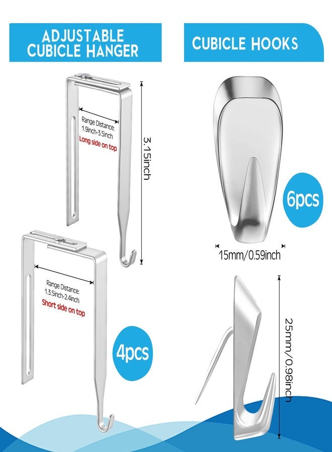 LEIFIDE 10 Pcs Cubicle Decor Hooks Set, 6 Pcs Fabric Panel Wall Hook and 4 Pcs Adjustable Cubicle Hanger Fit 1 3/8 Inch to 3 1/2 Inch Office Supplies for Hanging, Clothes Bag Photo Frame, Silver - Image 2