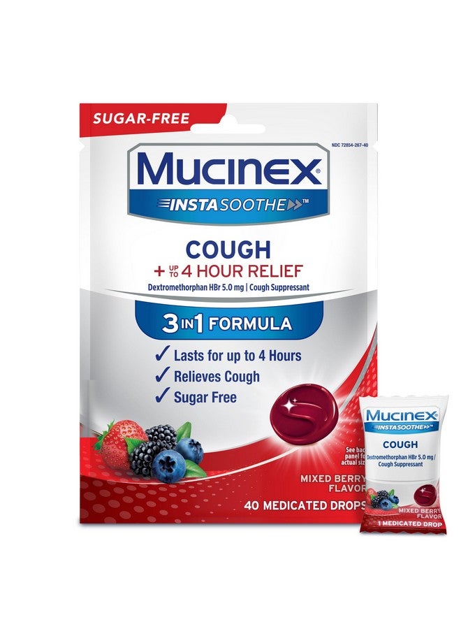 موسينكس قطرات سعال ميوسينكس إنستاسوذ الخالية من السكر، دواء سعال للبالغين مع ديكستروميثورفان هيدروبروميد، قطرات سعال خالية من المنثول، معينات مثبطة للسعال، قطرات سعال طبية بنكهة التوت المختلط، 40 قرصًا - Image 1