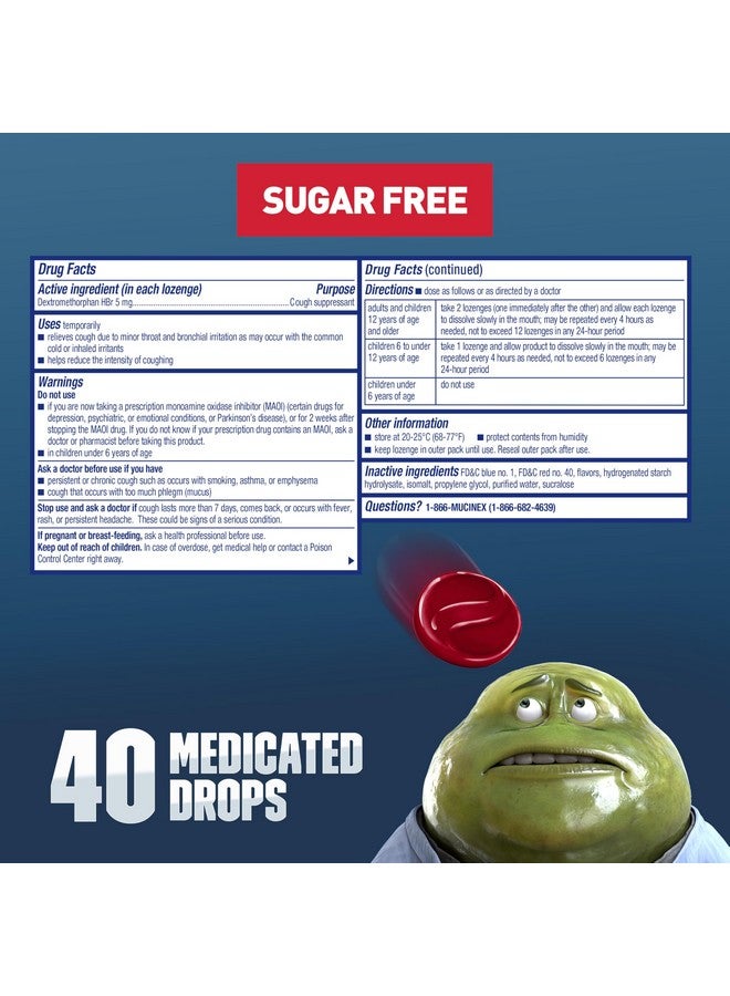 موسينكس قطرات سعال ميوسينكس إنستاسوذ الخالية من السكر، دواء سعال للبالغين مع ديكستروميثورفان هيدروبروميد، قطرات سعال خالية من المنثول، معينات مثبطة للسعال، قطرات سعال طبية بنكهة التوت المختلط، 40 قرصًا - Image 2