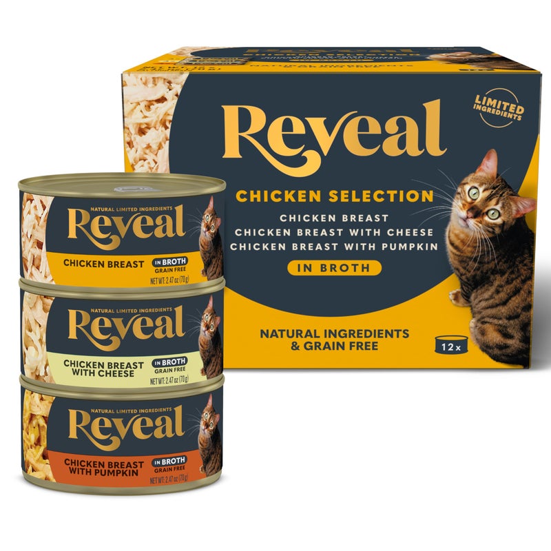 Reveal Natural Wet Canned Cat Food, Limited Ingredient, Grain Free, High Protein with No Artificial Additives, Chicken Variety in Broth, 2.47 oz Cans - Image 1