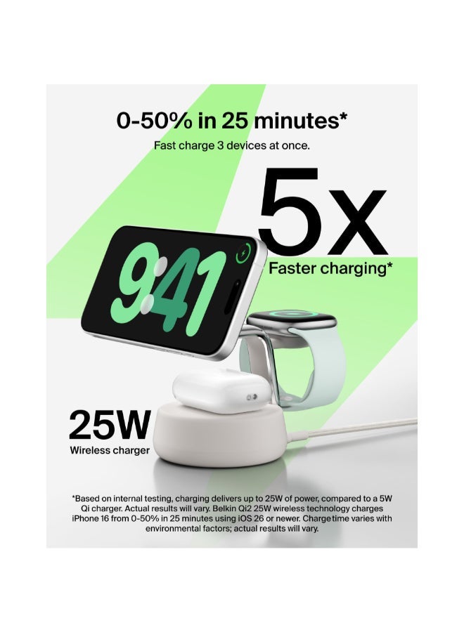 بيلكين شاحن Belkin UltraCharge Pro  متوافق مع MagSafe، محطة شحن لاسلكي Qi2 3 في 1 بقوة 25 واط، شاحن لأجهزة iPhone 16 وApple Watch وAirPods وPixelsnap، مع مروحة تبريد ومحول طاقة 45 واط - رملي - Image 2