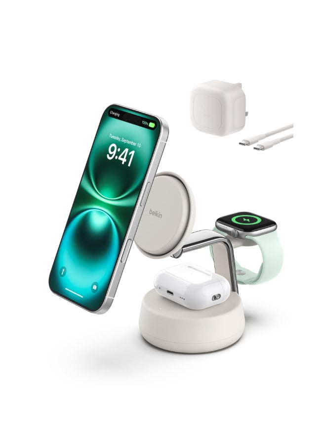 بيلكين شاحن Belkin UltraCharge Pro  متوافق مع MagSafe، محطة شحن لاسلكي Qi2 3 في 1 بقوة 25 واط، شاحن لأجهزة iPhone 16 وApple Watch وAirPods وPixelsnap، مع مروحة تبريد ومحول طاقة 45 واط - رملي - Image 1