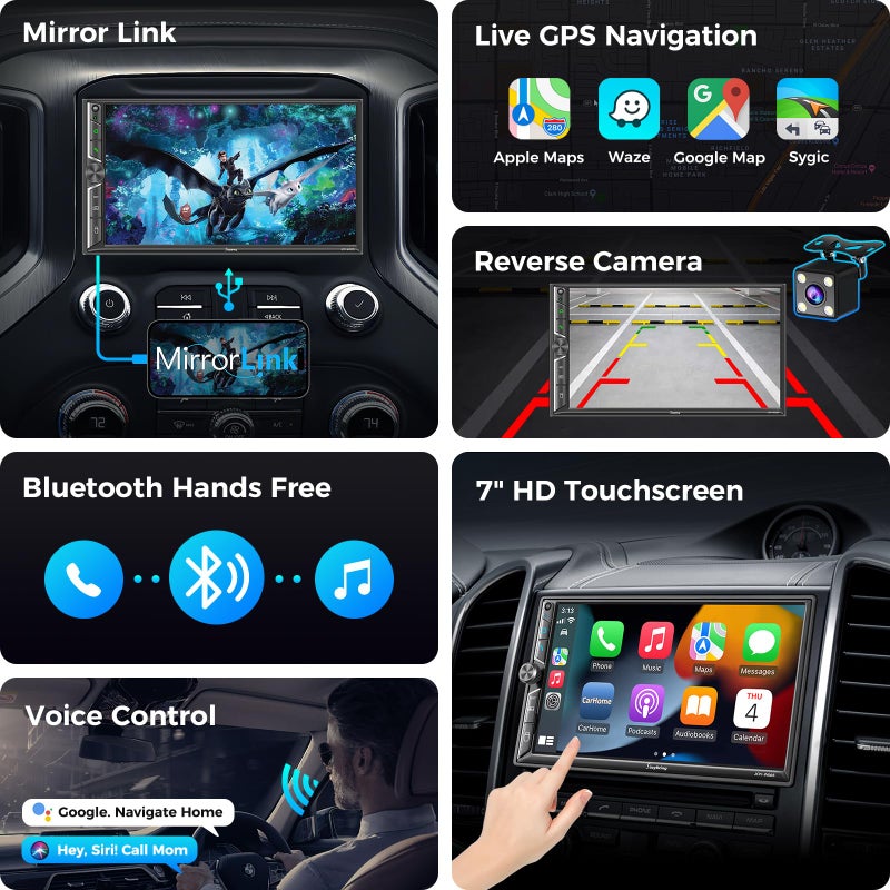 SJOYBRING 7" Double Din Car Stereo with Wireless CarPlay & Android Auto, Car Radio with Physical Volume Knob, Bluetooth 5.3, Phone Mirroring, 240W 4.2-Ch Audio, Subwoofer Out, Backup Camera - Image 5