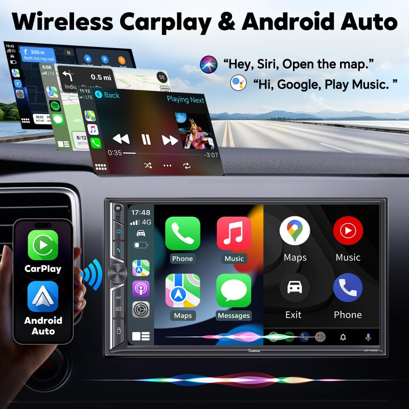 SJOYBRING 7" Double Din Car Stereo with Wireless CarPlay & Android Auto, Car Radio with Physical Volume Knob, Bluetooth 5.3, Phone Mirroring, 240W 4.2-Ch Audio, Subwoofer Out, Backup Camera - Image 2