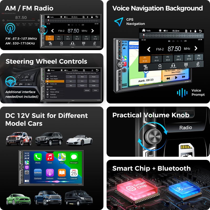 SJOYBRING 7" Double Din Car Stereo with Wireless CarPlay & Android Auto, Car Radio with Physical Volume Knob, Bluetooth 5.3, Phone Mirroring, 240W 4.2-Ch Audio, Subwoofer Out, Backup Camera - Image 4