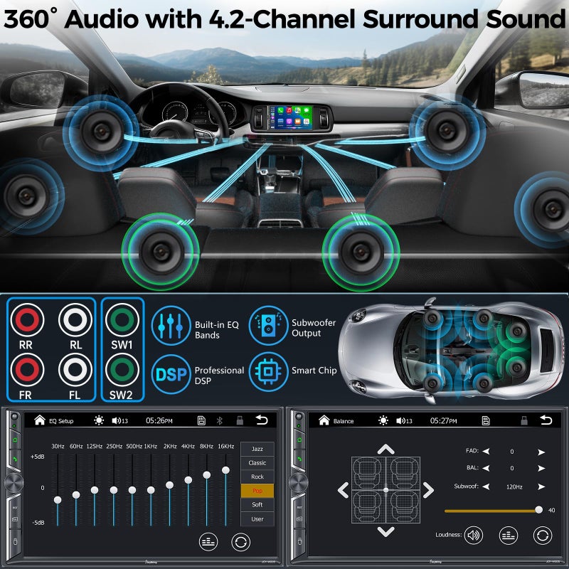 SJOYBRING 7" Double Din Car Stereo with Wireless CarPlay & Android Auto, Car Radio with Physical Volume Knob, Bluetooth 5.3, Phone Mirroring, 240W 4.2-Ch Audio, Subwoofer Out, Backup Camera - Image 3