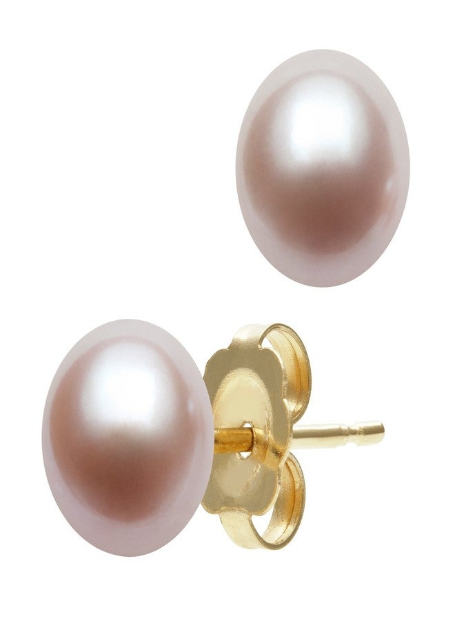 Belacqua AAA Quality Pink Cultured Freshwater Button Pearl Stud Earriings in 14K Yellow Gold, Size - 7.0-8.0mm, Push Back - Clasp, Real Pearl Jewelry for Women, Gift Box Included - Image 1