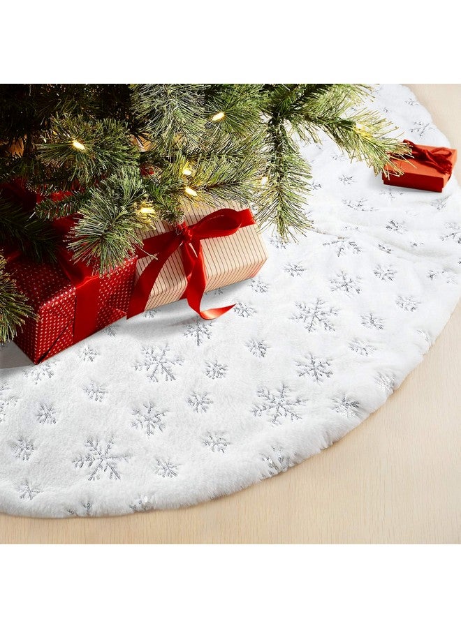 COOLWUFAN 48 Inches Christmas Tree Skirt for Xmas Tree Holiday Party Decorations White Plush Silver Sequin Snowflake (Silver) - Image 1