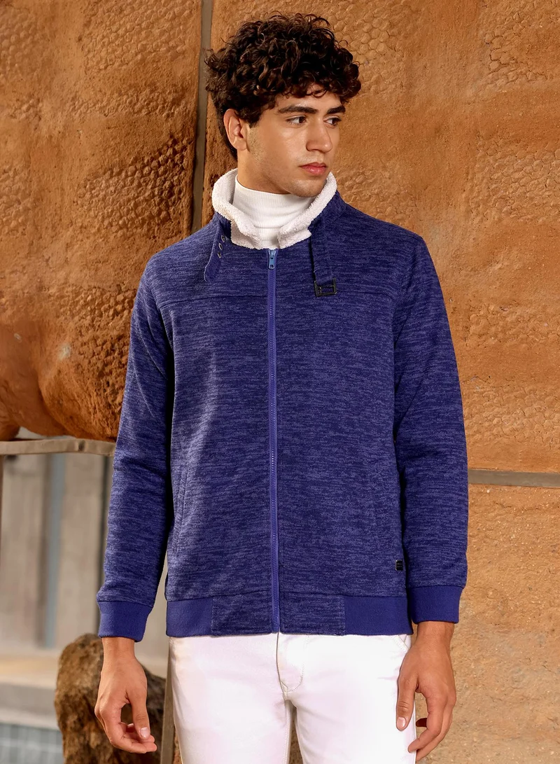Campus Sutra Campus Sutra Men's Indigo Blue Contrast Sherpa-Lined Heathered Bomber Jacket | Point Collar , Ribbed Cuff Sleeves , Zipper  Closure , Ribbed-Straight Hem | Solid Jacquard For Casual & Daily Wear
