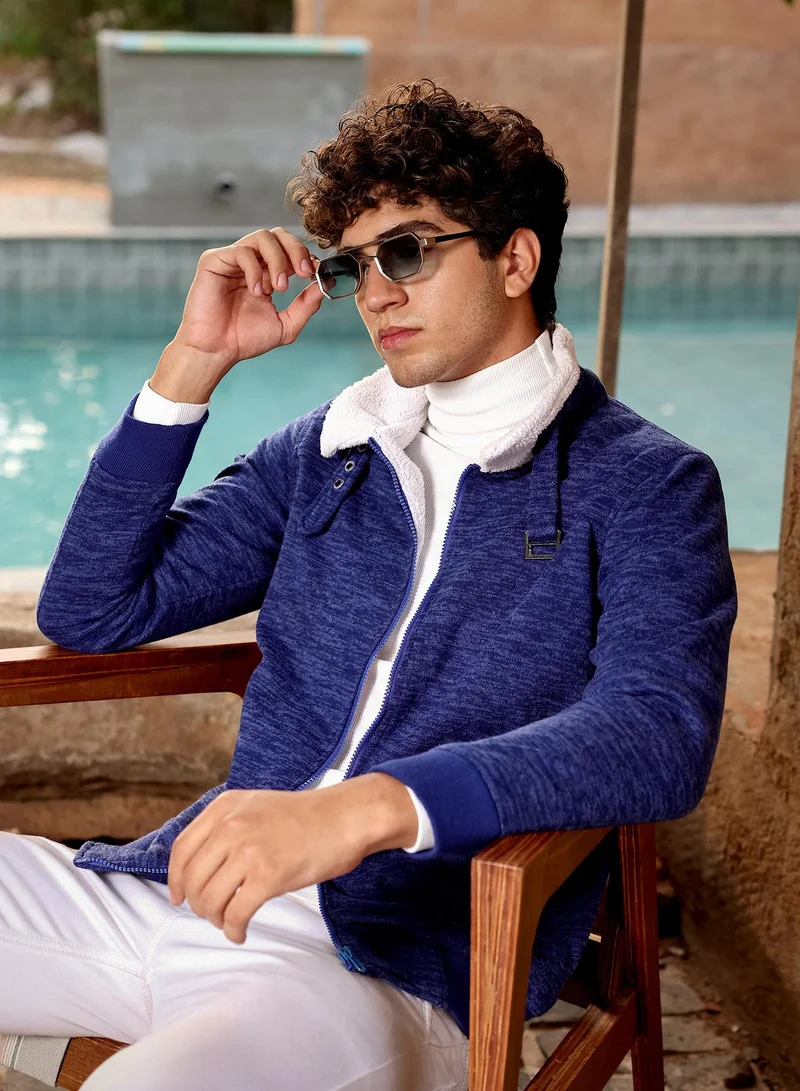 Campus Sutra Campus Sutra Men's Indigo Blue Contrast Sherpa-Lined Heathered Bomber Jacket | Point Collar , Ribbed Cuff Sleeves , Zipper  Closure , Ribbed-Straight Hem | Solid Jacquard For Casual & Daily Wear