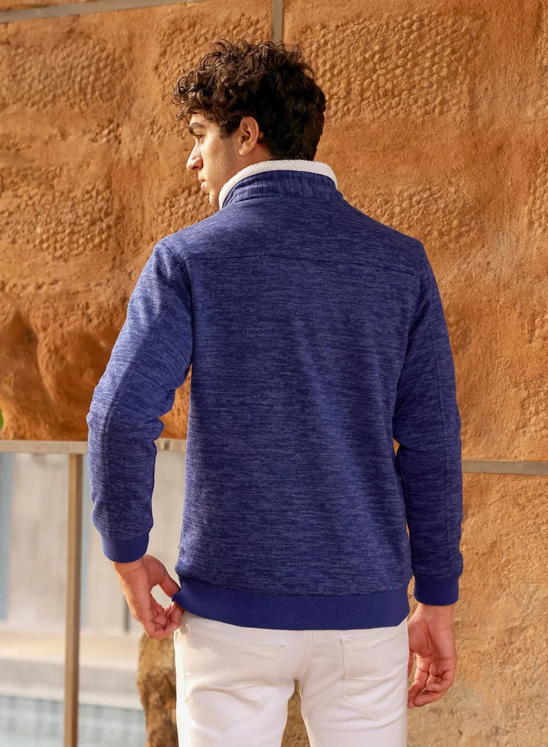 Campus Sutra Campus Sutra Men's Indigo Blue Contrast Sherpa-Lined Heathered Bomber Jacket | Point Collar , Ribbed Cuff Sleeves , Zipper  Closure , Ribbed-Straight Hem | Solid Jacquard For Casual & Daily Wear
